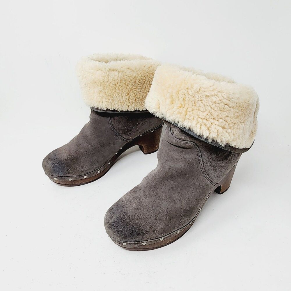 UGG Lynnea Gray Suede Shearling Sheepskin Clog Cozy Booties Boot Women's Size 7